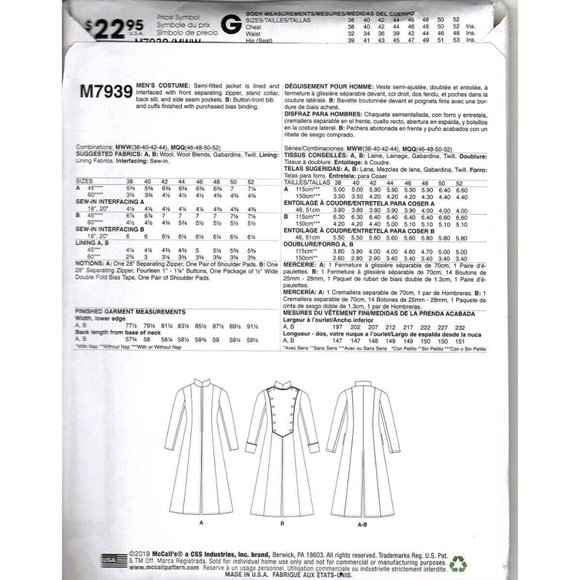 McCalls M7939 Mens Costume 38 to 44 Long Uniform Coat Cosplay Uncut Pattern - Picture 2 of 2